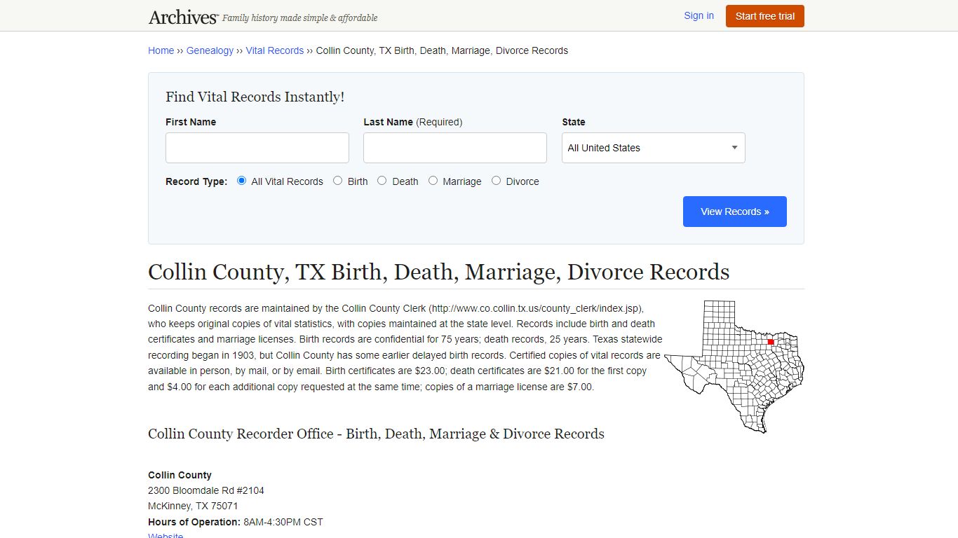 Collin County, TX Birth, Death, Marriage, Divorce Records